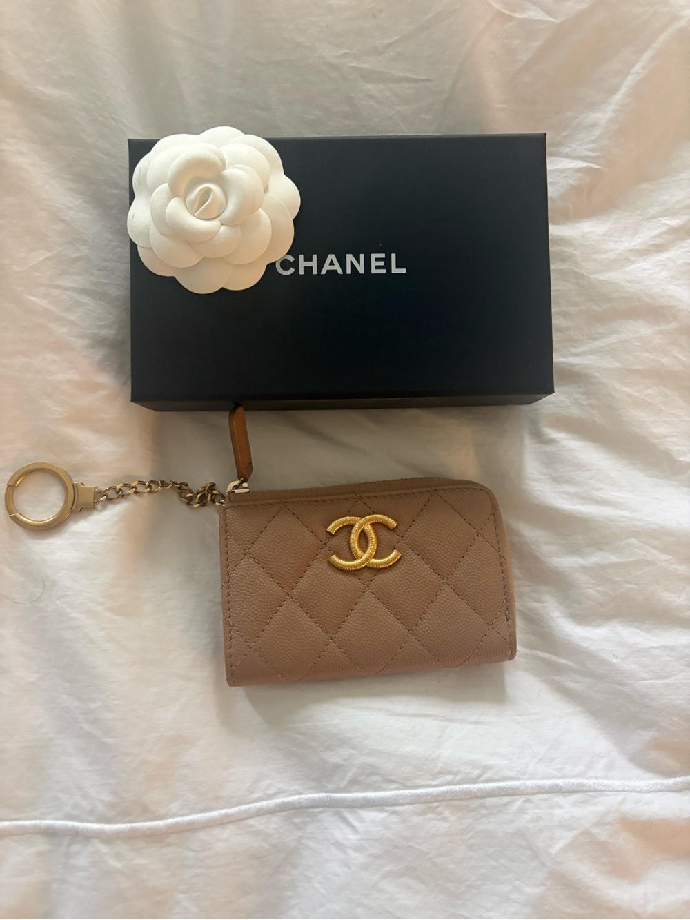 CHANEL Quilted Zip Card Holder Keyring - Taupe Brown with Gold Hardware nwt
